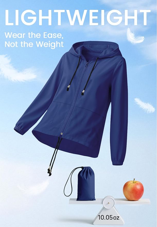Zando Lightweight Rain Jacket Women Packable Waterproof Raincoat with Hood | Windbreaker Jacket Women, Light Raincoats for Drizzle, Rain Coats for Travel, Hiking and Commute