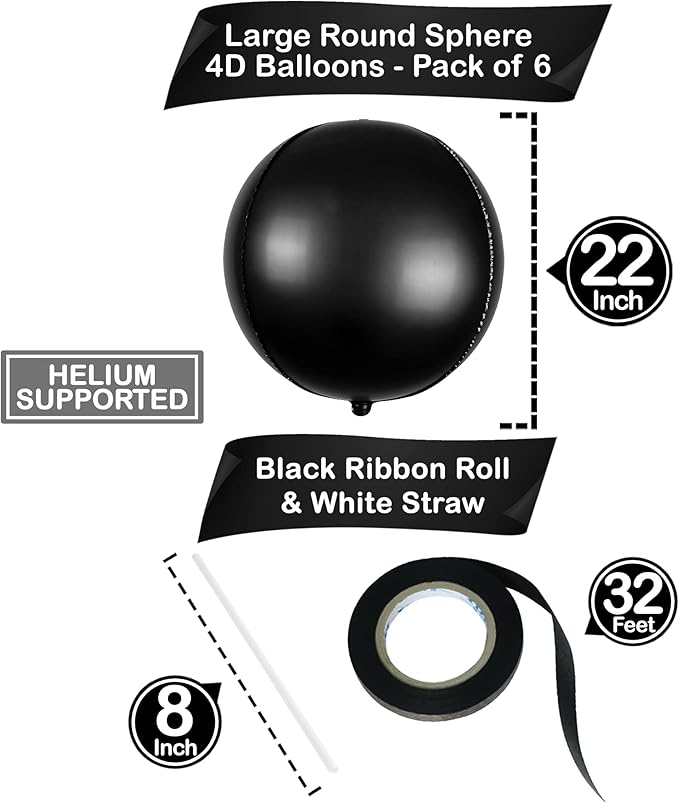 KatchOn, Big Matte Black Foil Balloons - 22 Inch, Pack of 6 | 4D Metallic Balloon for Black Birthday Decorations | Black Metallic Balloon, Happy New Year Balloons for New Years Decorations | NYE Decor