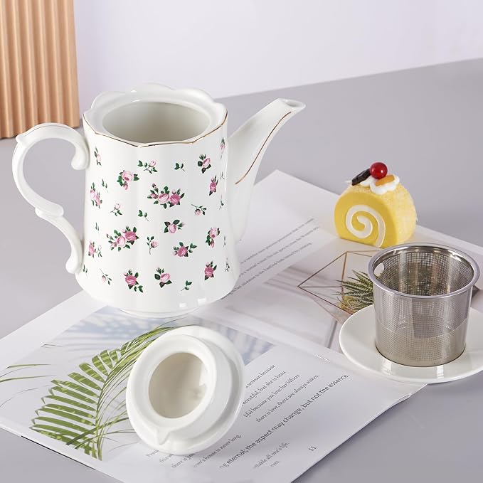 Vintage Floral Tea Pot with Infuser, 45oz, Ceramic Teapot with Tea Strainers for Loose Leaf Tea, Rose Teapots for Tea Party