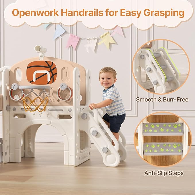 BIERUM 9 in 1 Toddler Slide, Baby Slide for Toddlers Age 1-3 with Ring Toss, Basketball Hoop and Telescope, Indoor Outdoor Playset Playground Beige Coffee