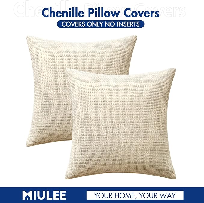 MIULEE Decorative Couch Throw Pillow Covers 18x18 Inch Neutral Cream 2 Pack | Modern Boho Accent, Soft Chenille Pillow Covers, Farmhouse Cushion Cases for Home Decor Bed Sofa Living Room