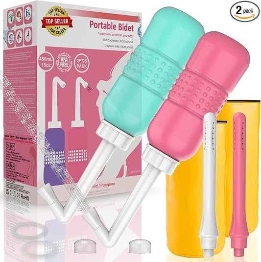 2PCS-Pack 2IN1 Intimate Wash for Women,2 Nozzle（Short+Long）,Portable Bidet Travel Bidets with Waterproof Cap + Storage Bag,Peri Bottle for Postpartum Care (Pink+Green)