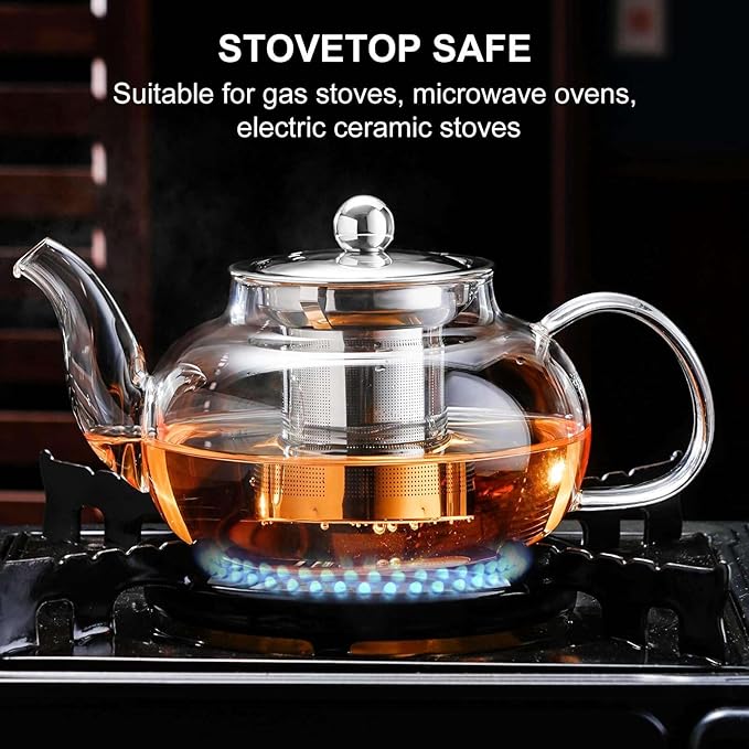 PARACITY Glass Teapot Stovetop 20 OZ/600ml, Tea pot with Removable 18/8 Stainless Steel Infuser, Borosilicate Clear Tea Kettle, Teapot Blooming and Loose Leaf Tea Maker Tea Brewer for Camping, Travel