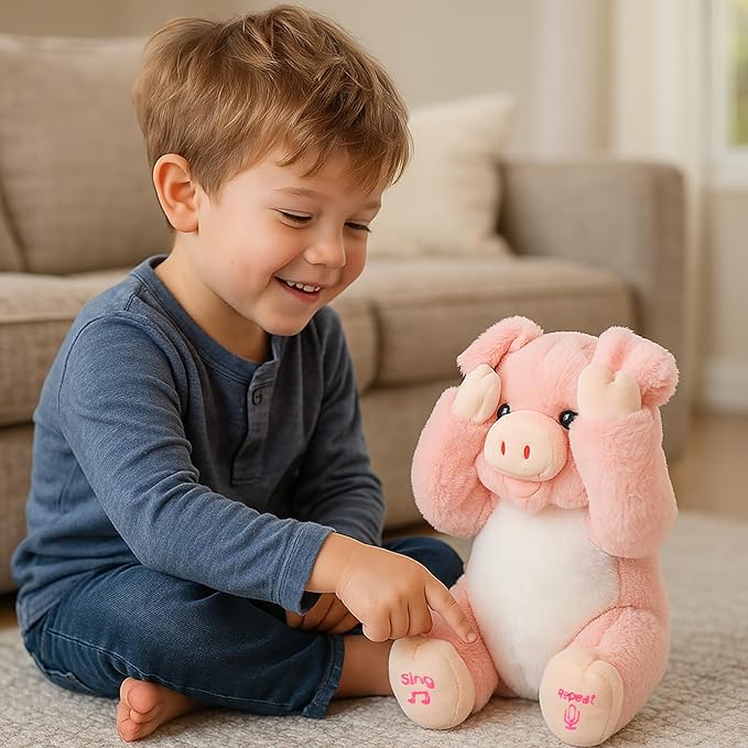 Cuteoy Peek A Boo Pig Plush Toy Interactive Electric Stuffed Animal Repeats What You Say Singing Talking Musical Plushies Gifts for Christmas Birthday 11''
