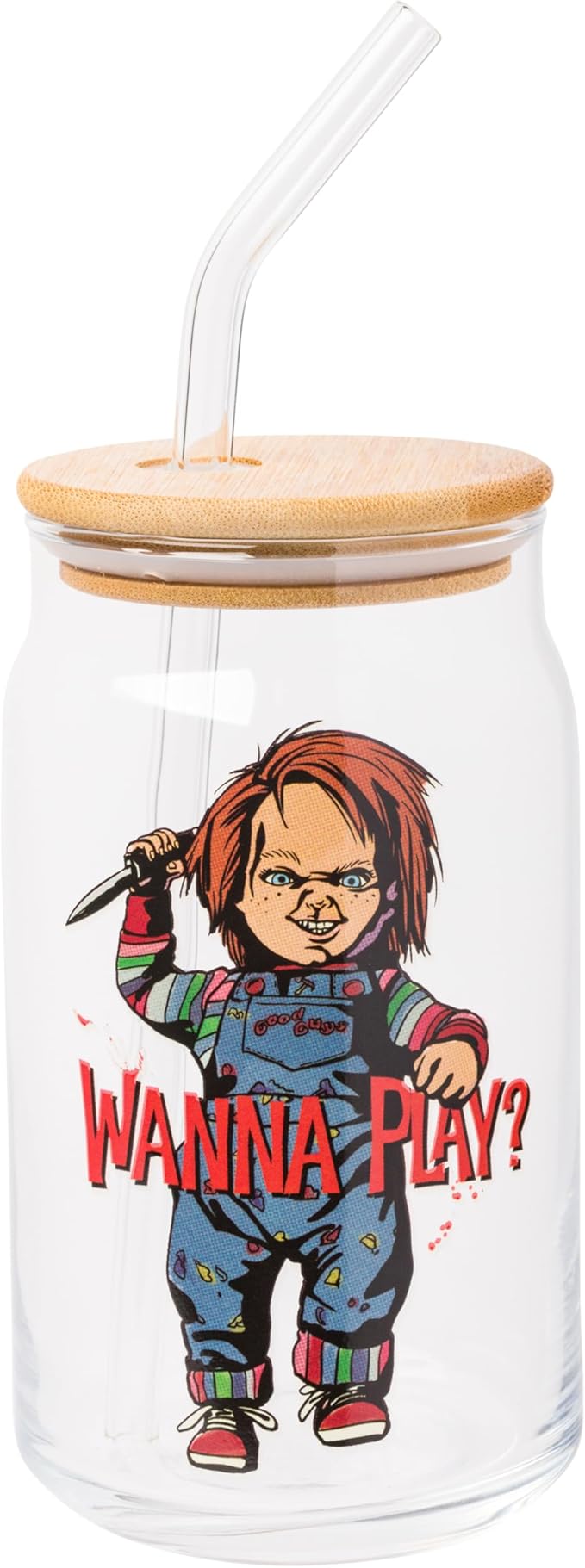 Silver Buffalo Chucky "Wanna Play" Scary Glass Jar Tumbler with Bamboo Lid and Glass Straw, 16 Ounces