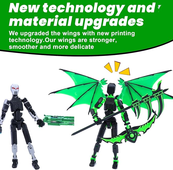 Titan 13 Robot Action Figure,Dummy 13,Articulated Robot with Demon Wings, 3D Printed robo 13 Action Figure Articulated (Bamboo Green)