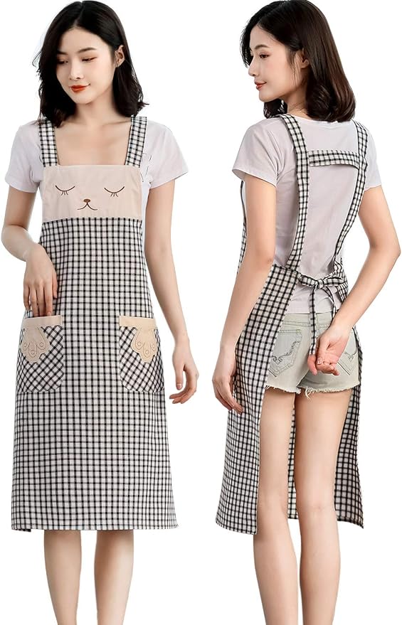 NEWGEM 100% Cotton Cute Plaid Apron with Pockets - Korean Style H-Back Cat Pinafore for Kitchen Cooking, Housewife (Black/White Cat)