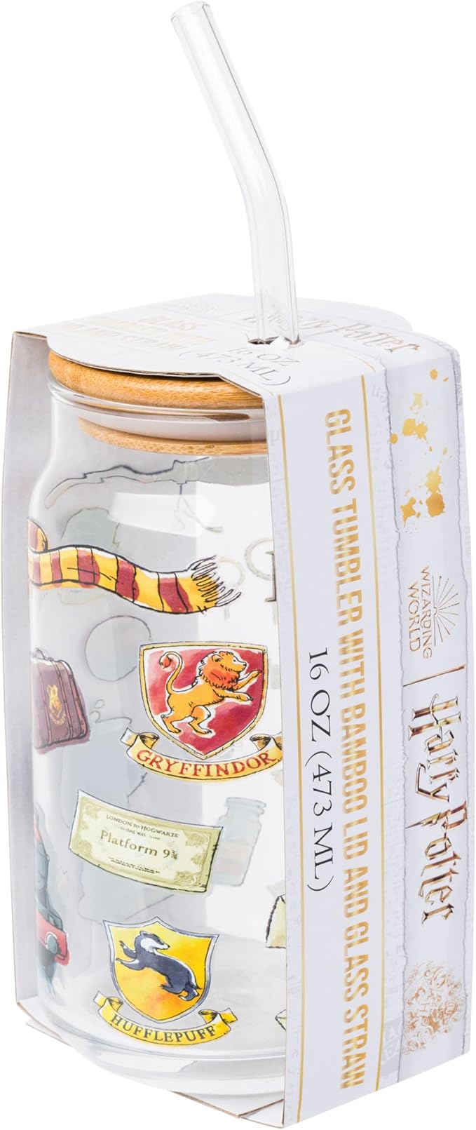 Silver Buffalo Harry Potter Hogwarts Platform 9 3/4 Gryffindor Hedwig Glass Jar Tumbler with Bamboo Lid and Glass Straw, 16 Ounces