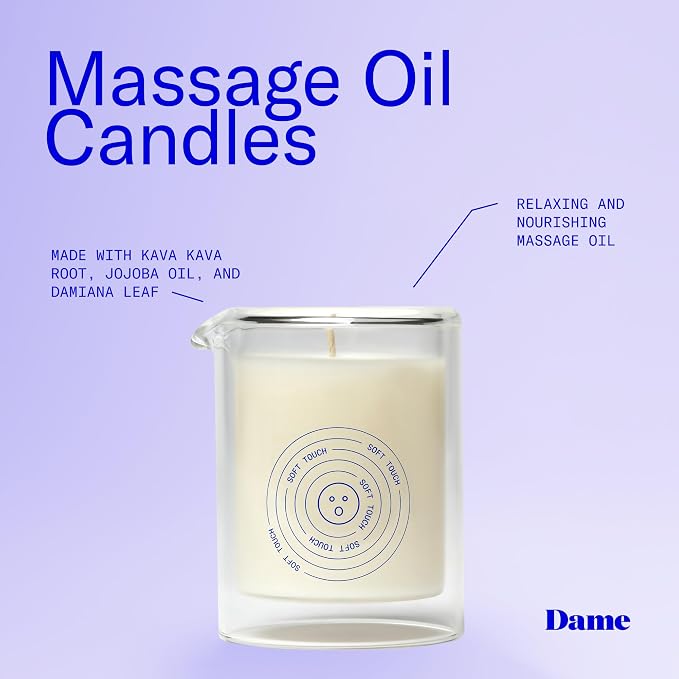 Dame Products Massage Oil Candle, Plant-Based Skin & Body Candle for Relaxing Massage, Moisturizing & Calming Aromatherapy Candle with Kava Kava, Vegan, Non-Toxic, Benzoin, Guaiac Wood & Sandalwood