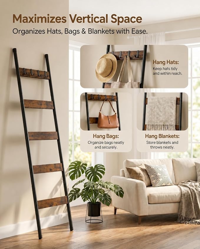 HOOBRO Blanket Ladder, 5-Tier Towel Rack with Hooks, Wall-Leaning Blanket Rack, Decorative Display Ladder Shelf, for Scarves, Industrial, Living Room, Bedroom, Rustic Brown and Black BF52CJ01