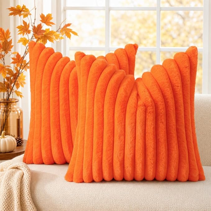 decorUhome Fall Faux Fur Throw Pillow Covers 26x26 Set of 2 Orange | Decorative Soft Cozy Striped Plush Modern Farmhouse Boho Couch Pillow Cases Velvet Back for Sofa Bed Living Room Home Decor