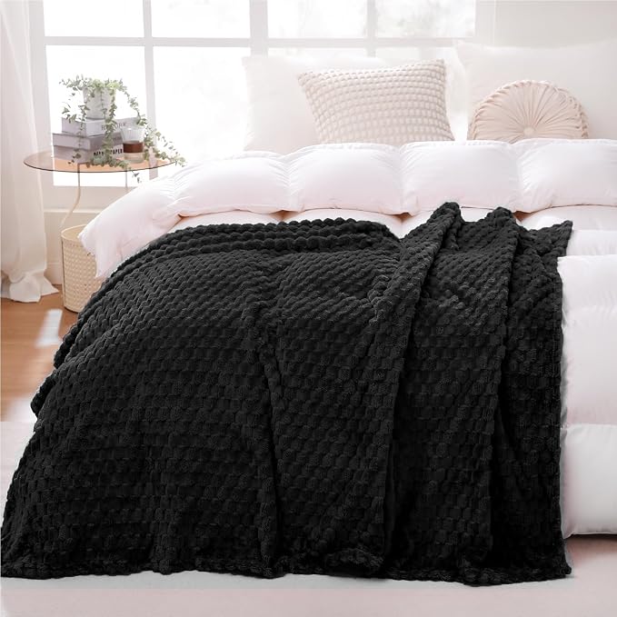 Puncuntex Black Throw Blanket 90"×90" inches Fuzzy 3D Jacquard Decorative | Flannel Fleece Super Soft Plush Cozy Blanket for Couch Sofa Chair Lightweight