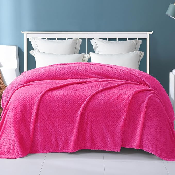 Exclusivo Mezcla Soft Fleece Bed Blanket King Size, 90”x104”, Hot Pink | Cozy Fluffy Lightweight Blankets for Summer, Decorative Plush Flannel Throws for Living room, Bedroom with Leaves Pattern