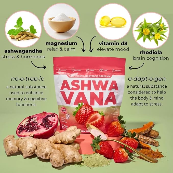 ASHWAVANA Zen Relax Drink Mix - Nootropic, Adaptogen-Infused Ashwagandha Beverage - Rhodiola, Magnesium, L-Theanine - Restore & Unwind - Alcohol Alternative - Strawberry Flavor - 60 Count (Pack of 2)