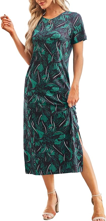 Naggoo Women's Casual T Shirt Midi Dress with Side Slit and Pockets