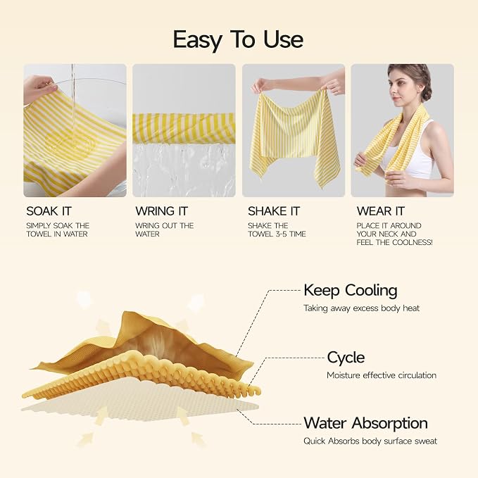 RDEKISS 4 Pack Cooling Towels for Hot Weather (40"x12"), Ice Cool Neck Towel, Soft Breathable Microfiber for Gym, Sport, Running, Yoga, Workout - Yellow