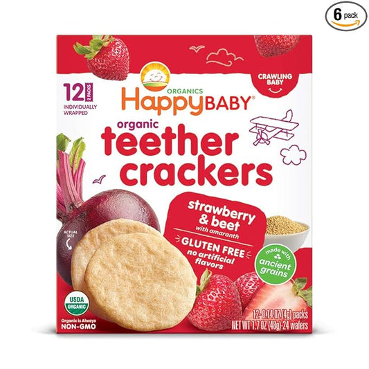 Happy Baby Organics Baby Snacks, Gentle Teething Crackers, Gluten Free & Vegan, Strawberry & Beet, 12 Count (Pack of 6)