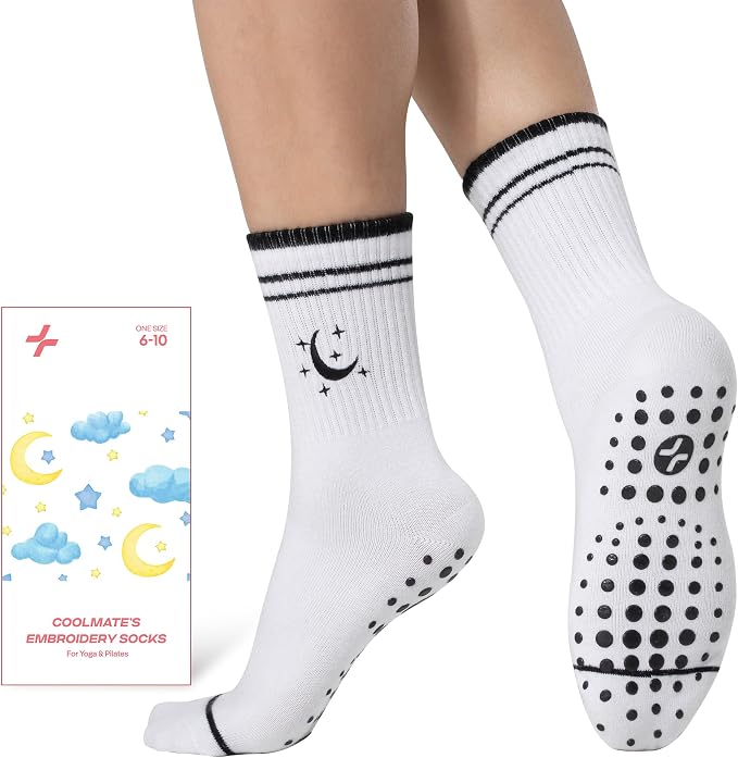 COOLMATE Pilates Socks with Grips for Women, Yoga Socks, Crew Non Slip Women for Barre, Pilates Gifts for Women