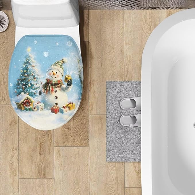 Snowman Toilet Seat Cover Stretchable Elongated Soft Oval Toilet Seat Cover for Merry Christmas -Bathroom Decoration,Portable for Trip