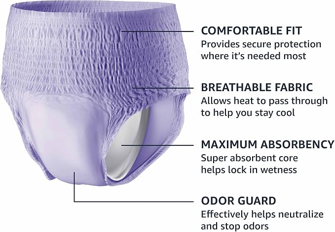 Amazon Basics Postpartum Incontinence Underwear for Women, Maximum Absorbency with Bladder Leak Protection, Fresh Protection, Disposable, Large, Lavender, 18 Count (Pack of 2)