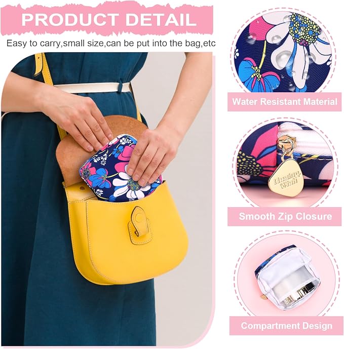 Period Bag for Girls Polyester Period Pouch Pad Bag First Period Kit for Teen Pads/Sanitary Napkins/Small Tampons, Feminine Hygiene Organizer for Women (Navy Blue Daisy)