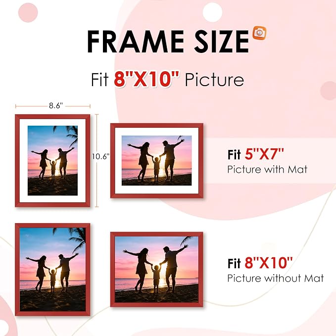 FIXSMITH 8x10 Picture Frame Set of 2, Red Photo Frame with HD Plexiglass, Display Pictures 5x7 with Mat or 8x10 Without Mat Multi Picture Frames Collage for Tabletop or Wall Display