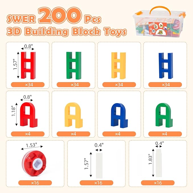SWER 200Pcs 3D Building Block Toys, Creative Interlocking Connecting Kit, Multicolor STEM Interlocking Toy Set, Montessori Toys for Preschool Kids, Building Toys for Kids Ages