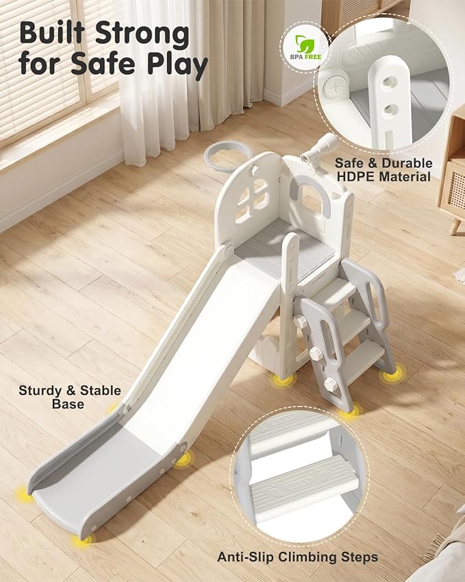 Babytronic Toddler Slide for Kids 1-3, 6-in-1 Toddler Slide Set with Basketball Hoop & Telescope, Indoor Outdoor Toddler Playset, Kids Climber Playset for Small Spaces, Indoor Playground, Cream & Gray