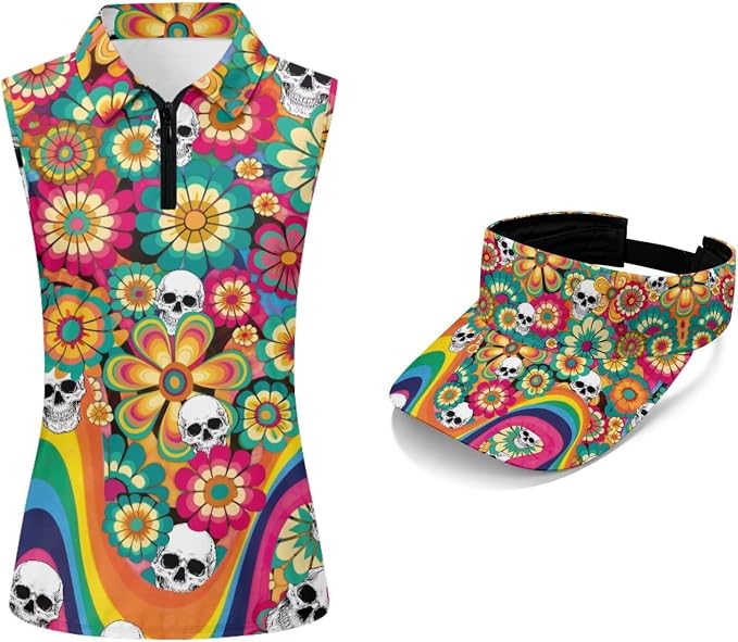 POLERO Golf Tank Top Women Golf Shirts and Visor Hat Collared Racerback Tennis Shirt Set Quarter Zip