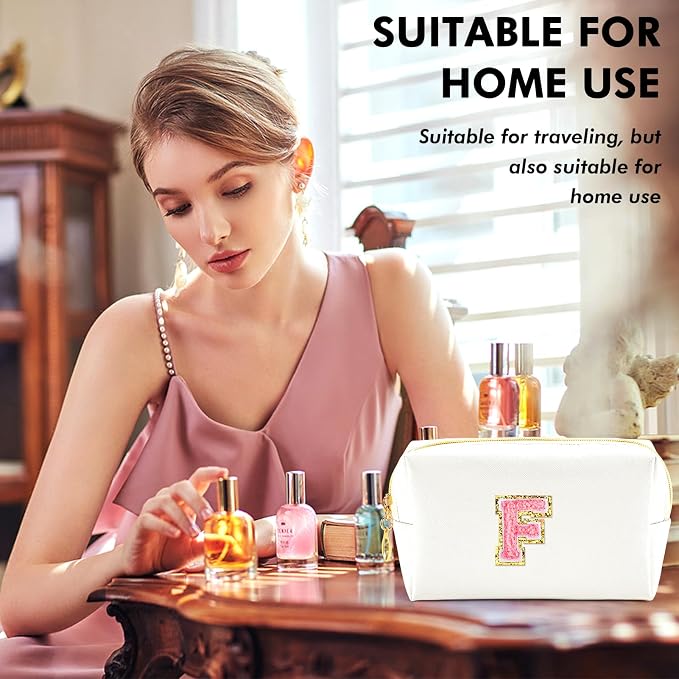 URSKYTOUS Initial Makeup Bag Personalized Preppy Travel Small Cosmetic Bag Cute PU White Chenille Letter Makeup Pouch for Purse Waterproof Zippered Toiletry Organizer for Women Girls Kids Friends (F)