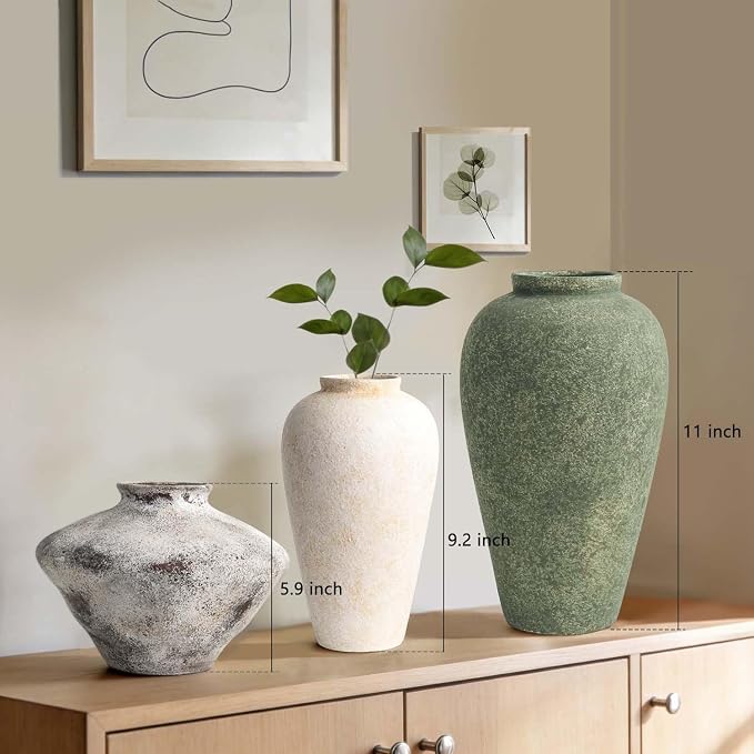 Green Ceramic Vase 11 Inch, Large Tall Decorative Vase for Centerpieces, Farmhouse Rustic Flower Vase for Home Decor, Living Room, Console, Wedding