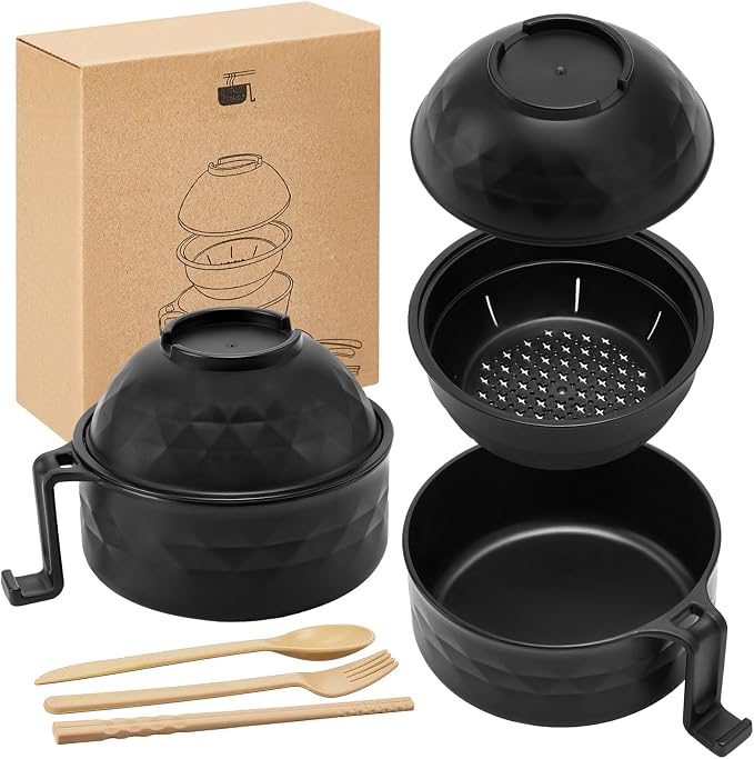 1 Set Microwave Ramen Cooker 40oz Wheat Straw Microwave Noodle Bowl Set with Chopsticks, Spoon, Fork, College Dorm Office Apartment Essentials (Black)