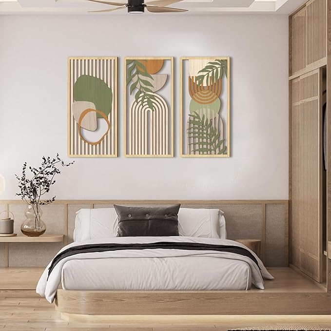 IARTTOP Boho Mid-Century Modern Wood Wall Art 16x32 Inch Large Green Abstract Wood Wall Decor Mid Century Bohemian Artwork for Bedroom Living Room Office Kitchen Set of 3