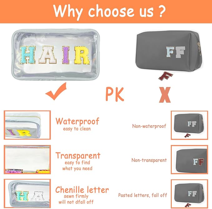 Bunliuys Chenille Letter Clear Makeup Bag Beach Patch, Travel Toiletry Makeup Bag with Handle, Nylon Waterproof Makeup Bags clear cosmetic bag, preppy patch makeup bag for Women (BEACH-Orange)