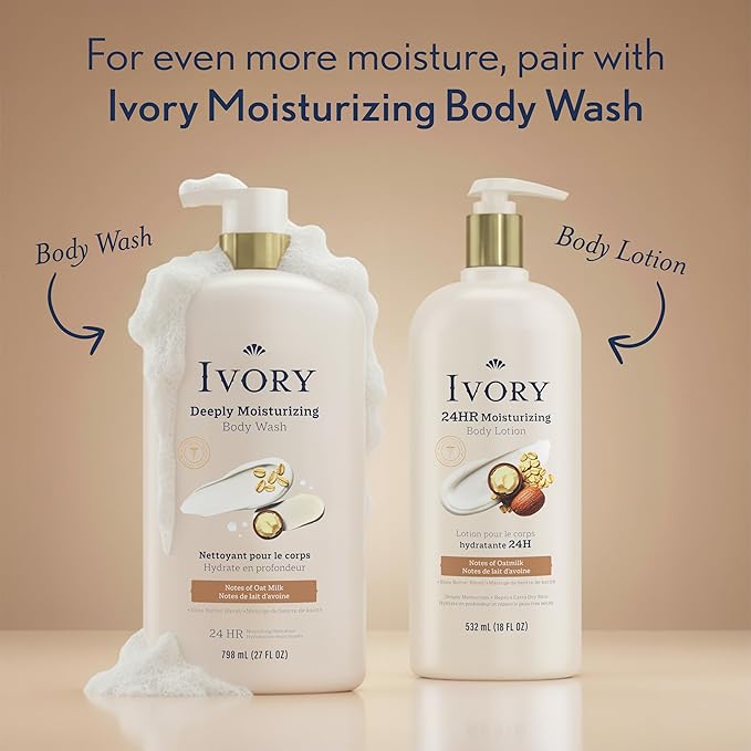 Ivory Hand & Body Lotion, 24hr Moisturizing, Repairs Extra Dry Skin, All Day Hydration, Lightweight Formula, Absorbs Instantly, Perfect for Daily Use, Shea Butter Blend, Oatmilk Scent, 18 fl oz