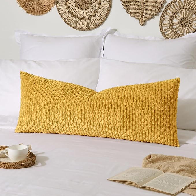 Kevin Textile Soft Corduroy 20"x54" Pillow Cover 1 Pack, Mustard Yellow | Boho Stripe Plush Corduroy Decorative Oblong Cushion Cover Modern Farmhouse Home Decor for Sofa Couch Bed Chair