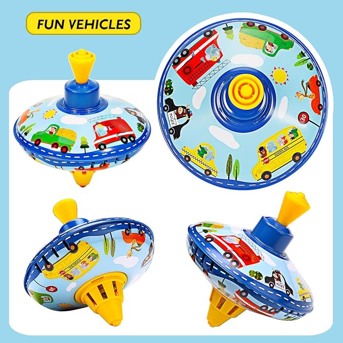 Retro Spinning Top Tin Toy for Kids – Fun Vehicle Classic Toys - Toddler Traditional Spin Tops - Metal Fidget Spinner for Kindergarten – Sensory Gyroscope - Novelty Gifts Party Favors