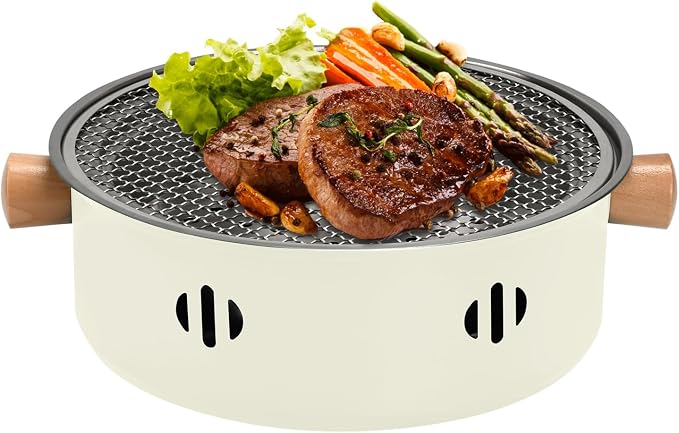 Portable BBQ Charcoal Grill, Mini Tabletop Charcoal Grill Outdoor Multifunctional Round Korean Barbecue Grill for Camping Picnic Beach Party Cooking (Beige)