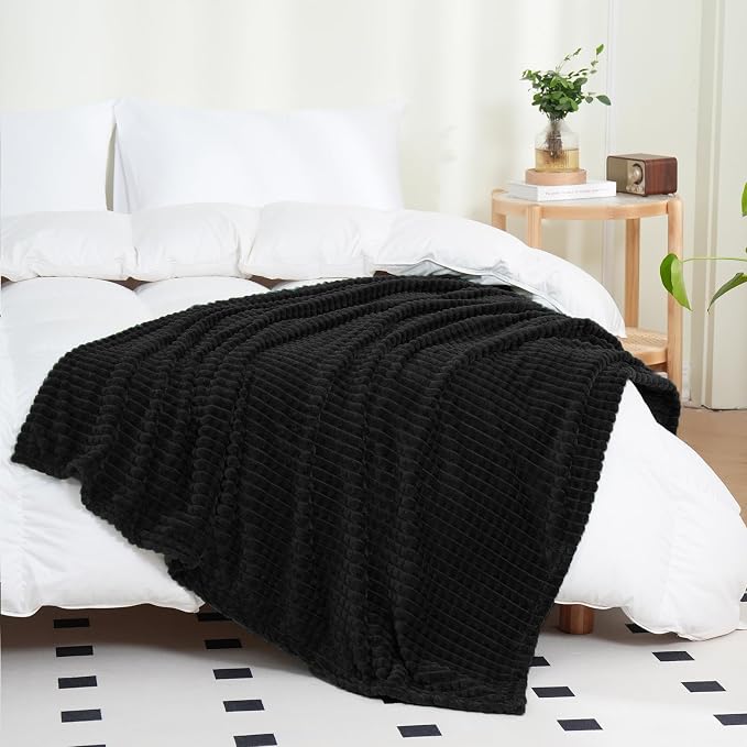 Puncuntex Fleece Throw Blanket Black 50"×60" with Square Grid Design | Super Soft Plush Cozy Flannel Throw Blanket Luxury for Couch Sofa Chair
