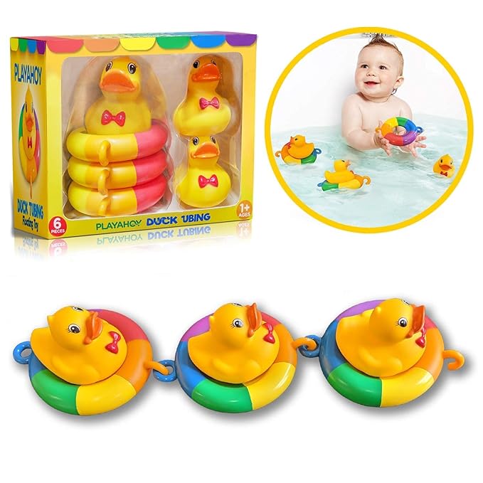 Duck Tubing Floating Bath Toys Mold Free No Holes Bathtub Float Play Connecting Rings with Ducks for Baby Toddlers and Kids