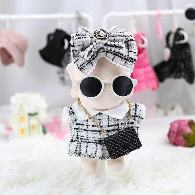Doll Clothes 15cm White Outfits for Dolls Elegant Dress Headband Bow Tie Glasses and Bag Exquisite Clothes Accessories Compatible with Doll(White Bow)