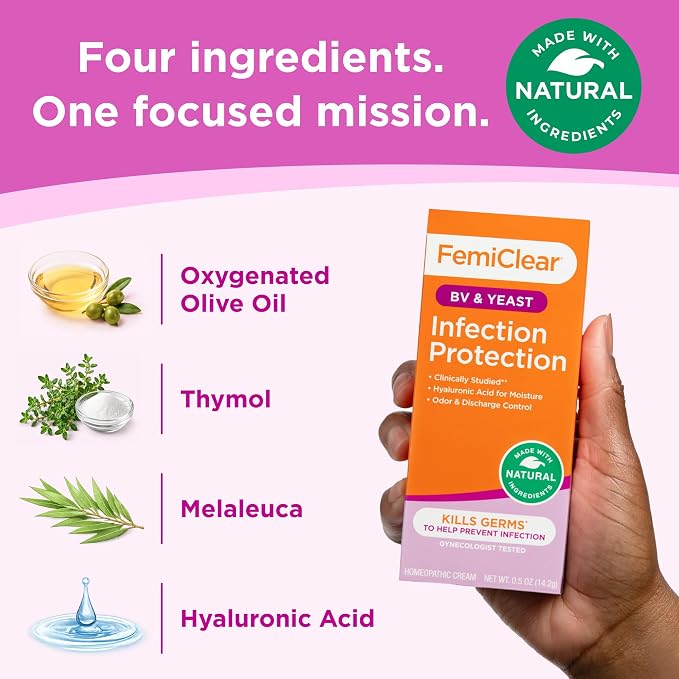 FemiClear BV & Yeast Infection Protection Cream, 0.5 Oz | Helps Control Odor & Discharge, Soothing & Moisturizing Feminine Care with Hyaluronic Acid, Natural & Organic Ingredients