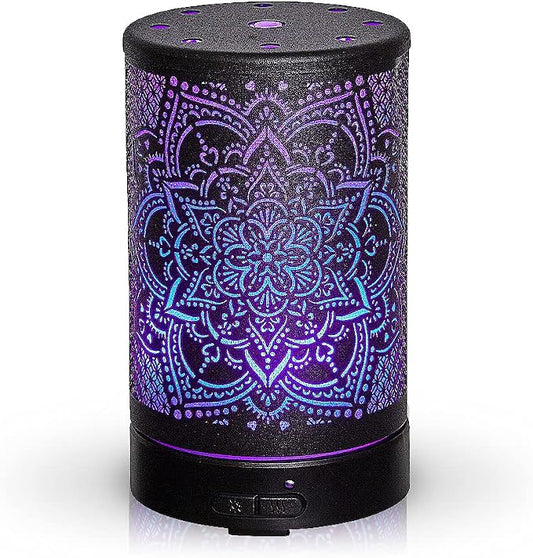 AROMAR Essential Ultrasonic Oil Diffuser Cool Mist Humidifier & Aromatherapy Metal Diffusers for Essential Oils with Auto Shut-Off and 7 Colors LED for Home and Office (Black Mandala)
