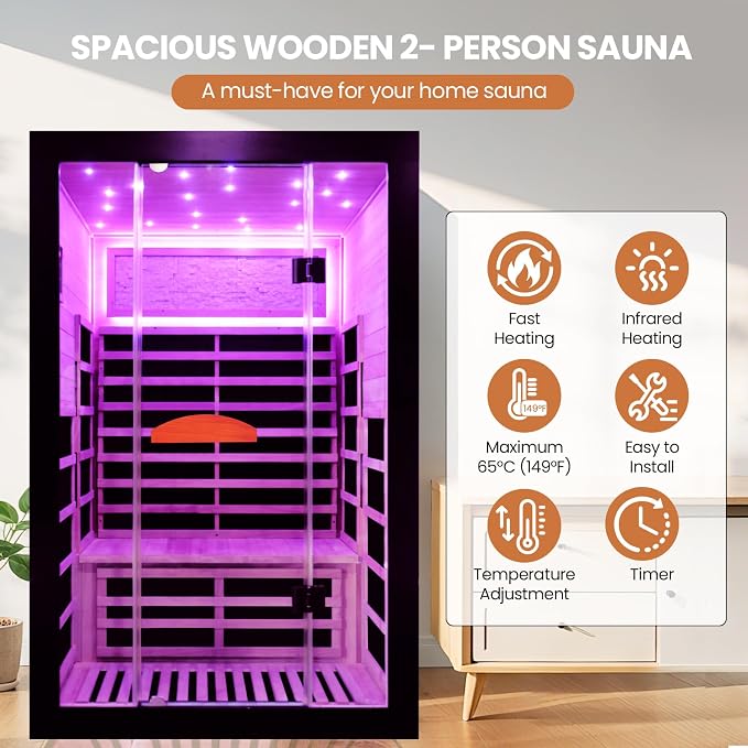 2 Person Infrared Sauna Far Infrared Sauna Room for Home Indoor 2000W Low-EMF Wood Dry Sauna with Full Starry Sky Lights Ceiling in 7 Color Speaker Fast Heating Easy Assembly- 47.3*41.3*74.8 IN