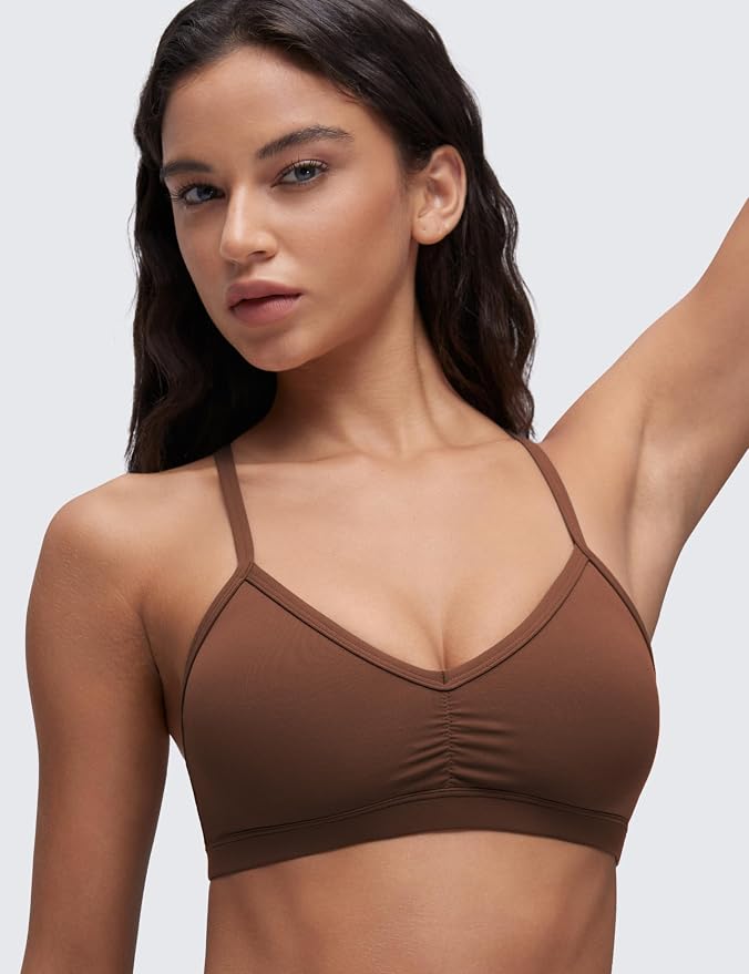 CRZ YOGA Butterluxe Ruched Sports Bras for Women - V Neck Spaghetti Thin Strap Y Back Wireless Padded Yoga Crop Top