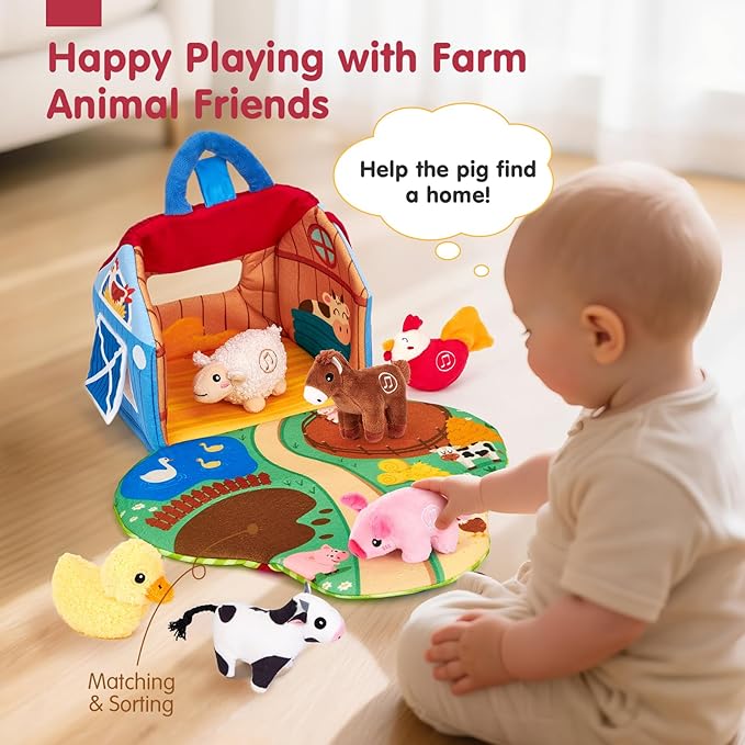 hahaland Baby Toys 6-12 Months - Surprise Barn with Stuffed Farm Animals with Real Sounds, Mirror- Montessori Toys for 6 Month Old Baby 1 Year Old Boy Girl Gifts Toddlers Sensory Toy