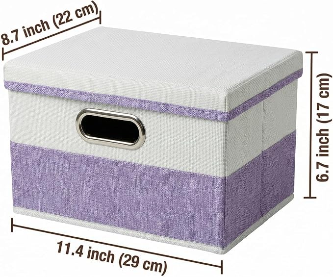 Storage Bins with Lids [3-Pack] Linen Fabric Foldable Storage Boxes Organizer Containers Baskets Cube with Cover for Bedroom Closet Office Purple&White（11.4X8.6X6.7