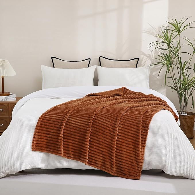 Burnt Orange Fleece Throw Blanket 60”×80” for Couch Sofa Livingroom | Linecooo Super Soft Cozy Plush Microfiber Flannel Bed Blanket Striped Design Lightweight Home Decor Gifts for Adult Mom Women