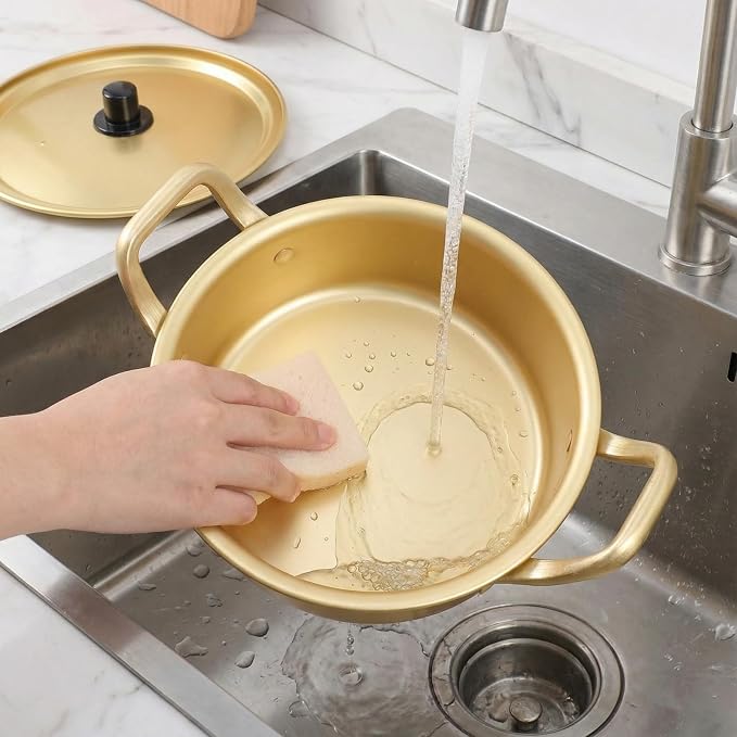 Korean Ramen Noodle Pot, Ramen Noodle Cookware Yellow Aluminum Non Stick Korean Traditional Quick Cooking Bowl for Open Fire and Electric Ceramic Stove(16cm Pot)