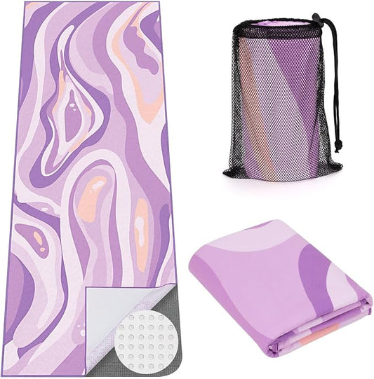 Yoga Mat Towel Cover with Large Corner Pockets, Non Slip Grip Microfiber Mat Cover Mat for Hot Yoga, Pilates and Gym Workout, 70" L x 26" W, Purple